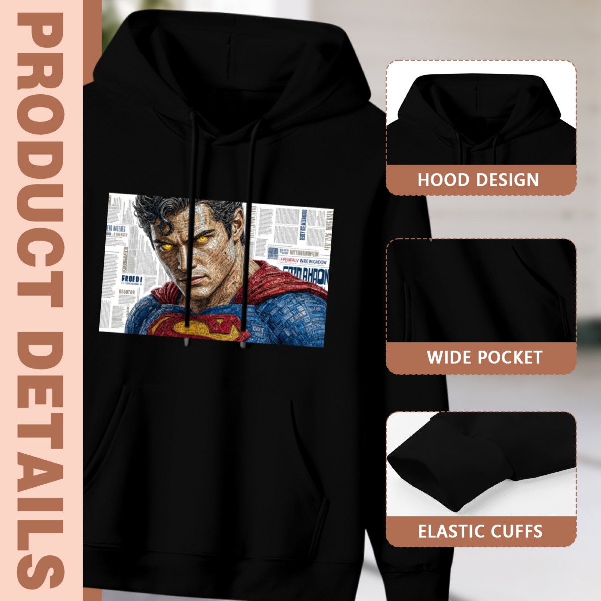 Garment and inset detail views for the men's Close-Up Face Press Print hoodie, highlighting the hood, pocket opening and cuffs
