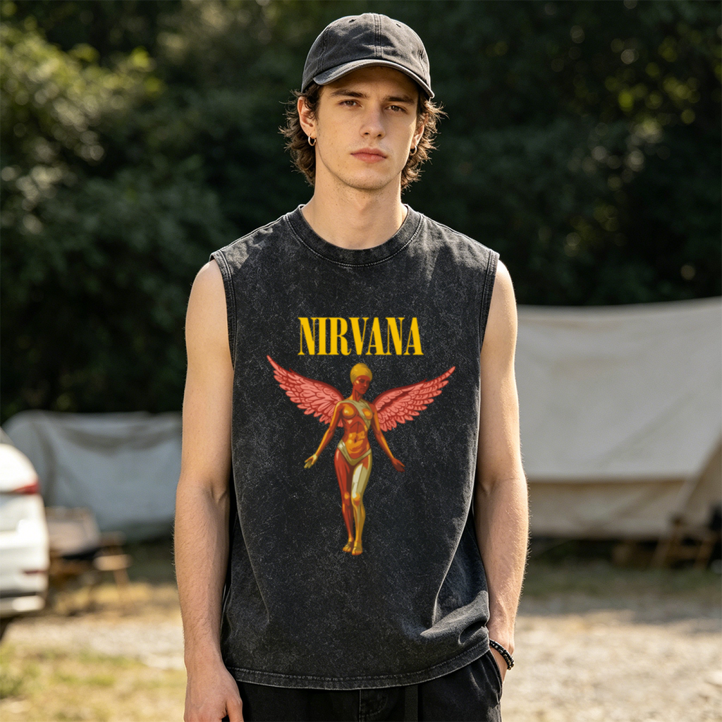 Nirvana In Utero Pink Angel Unisex Washed Tank Top — product image showing the a pink-toned angel interpretation associated with In Utero design