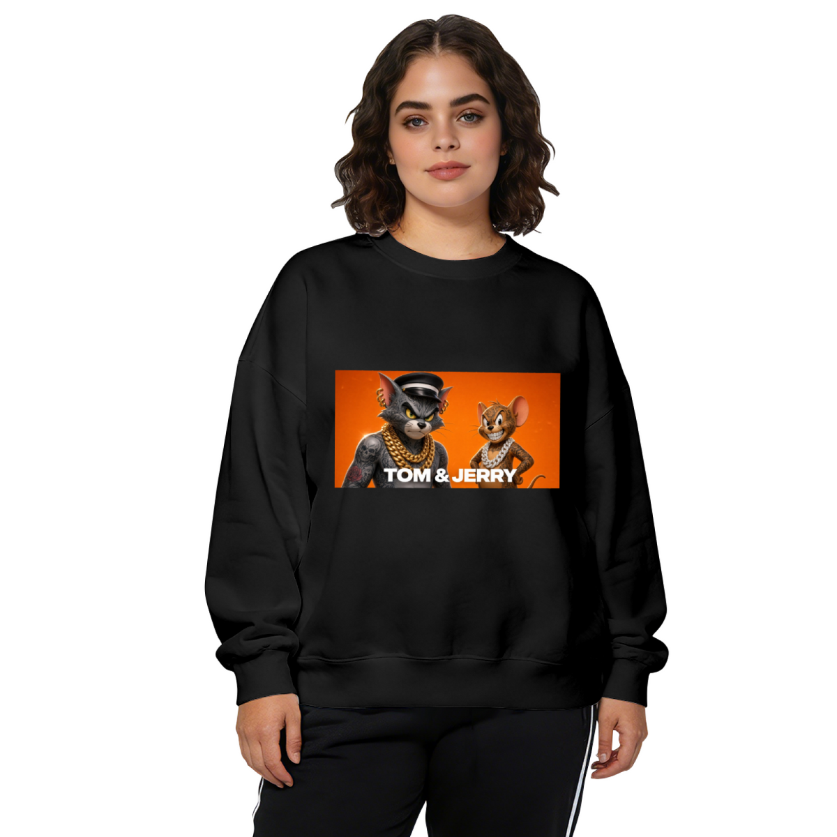 Women's crewneck sweatshirt seen on a model, its front graphic depicting a cartoon cat and mouse wearing gold chains in a portrait panel