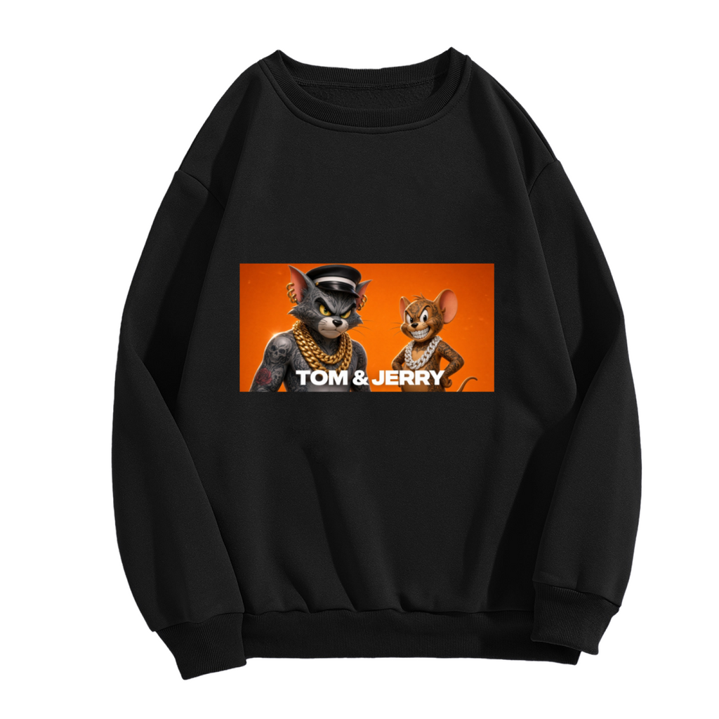 Front garment photograph: women's crewneck sweatshirt decorated with a cartoon cat and mouse wearing gold chains in a portrait panel