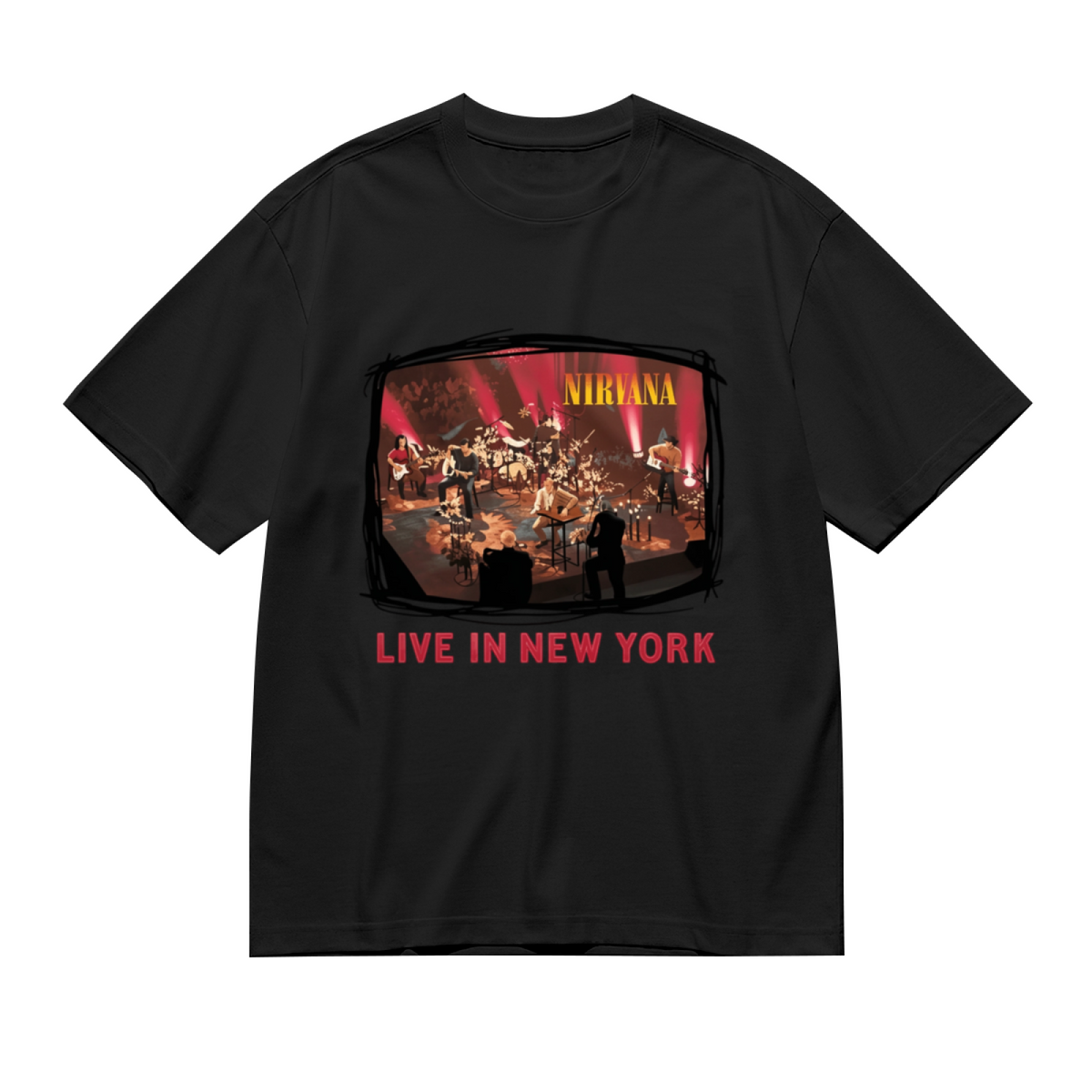 Graphic T-shirt product image with live in new york stage photo artwork