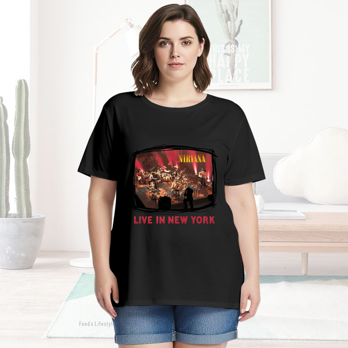 Graphic T-shirt product image with live in new york stage photo artwork