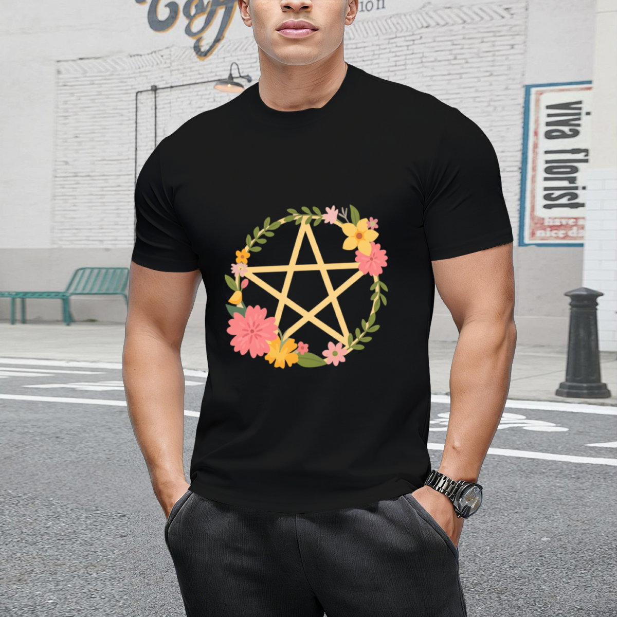 Midsummer Floral Pentacle Design Graphic T-Shirt