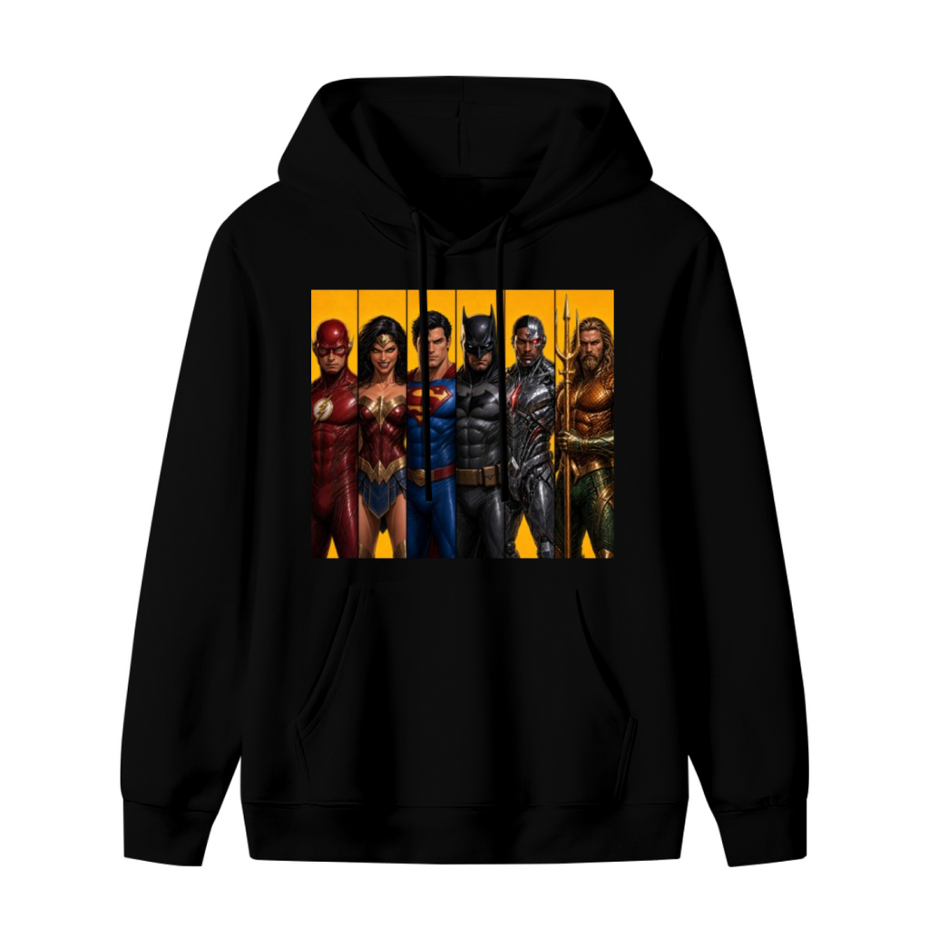 Men's hoodie photographed alone, with costumed figures arranged side by side in separate portrait panels on the front