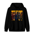 Men's hoodie photographed alone, with costumed figures arranged side by side in separate portrait panels on the front