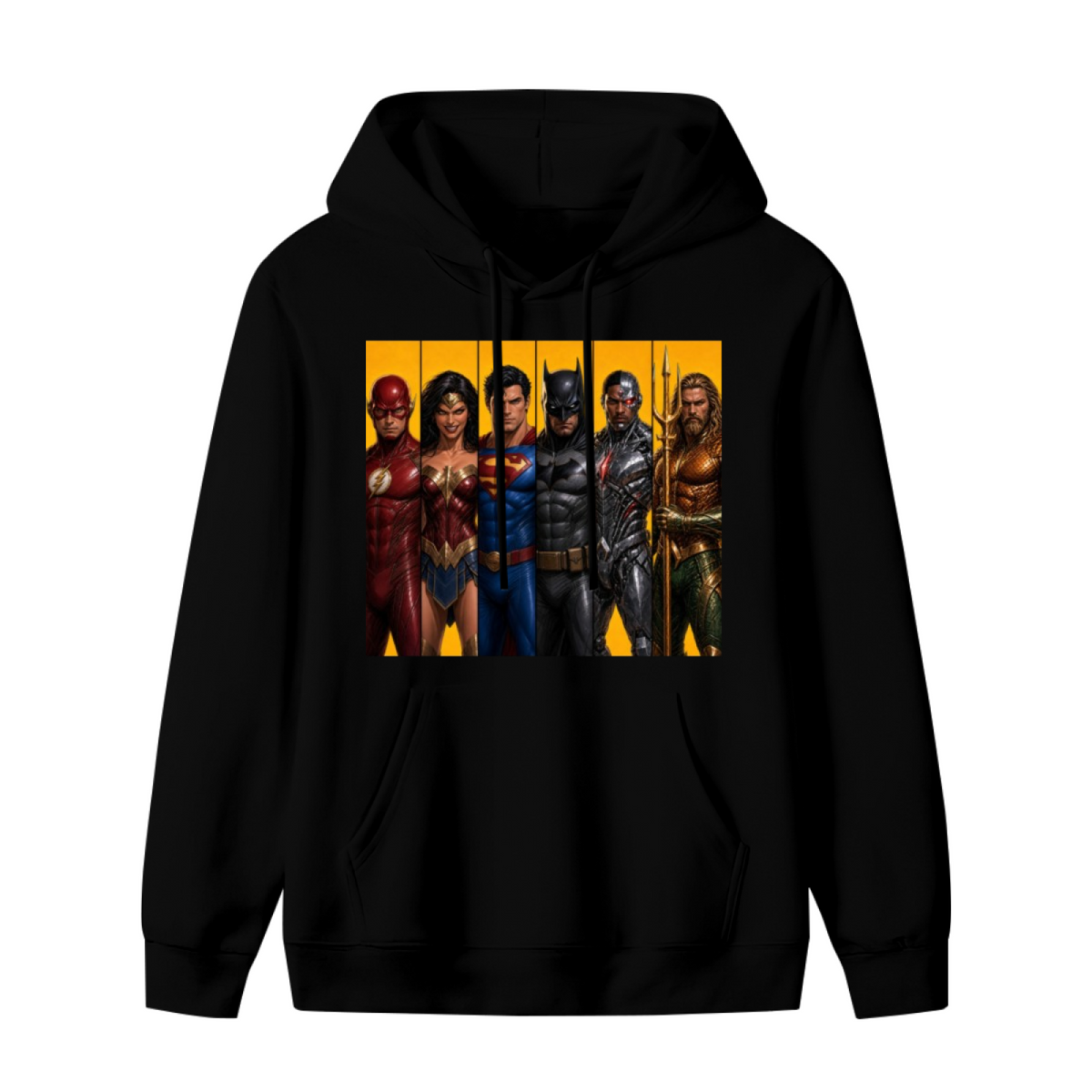 Men's hoodie photographed alone, with costumed figures arranged side by side in separate portrait panels on the front