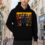 Lifestyle image outdoors: men's hoodie with a front graphic of costumed figures arranged side by side in separate portrait panels