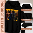 Feature collage for the men's Costumed Portrait Grid hoodie: hood shape, pouch pocket and cuff finishing