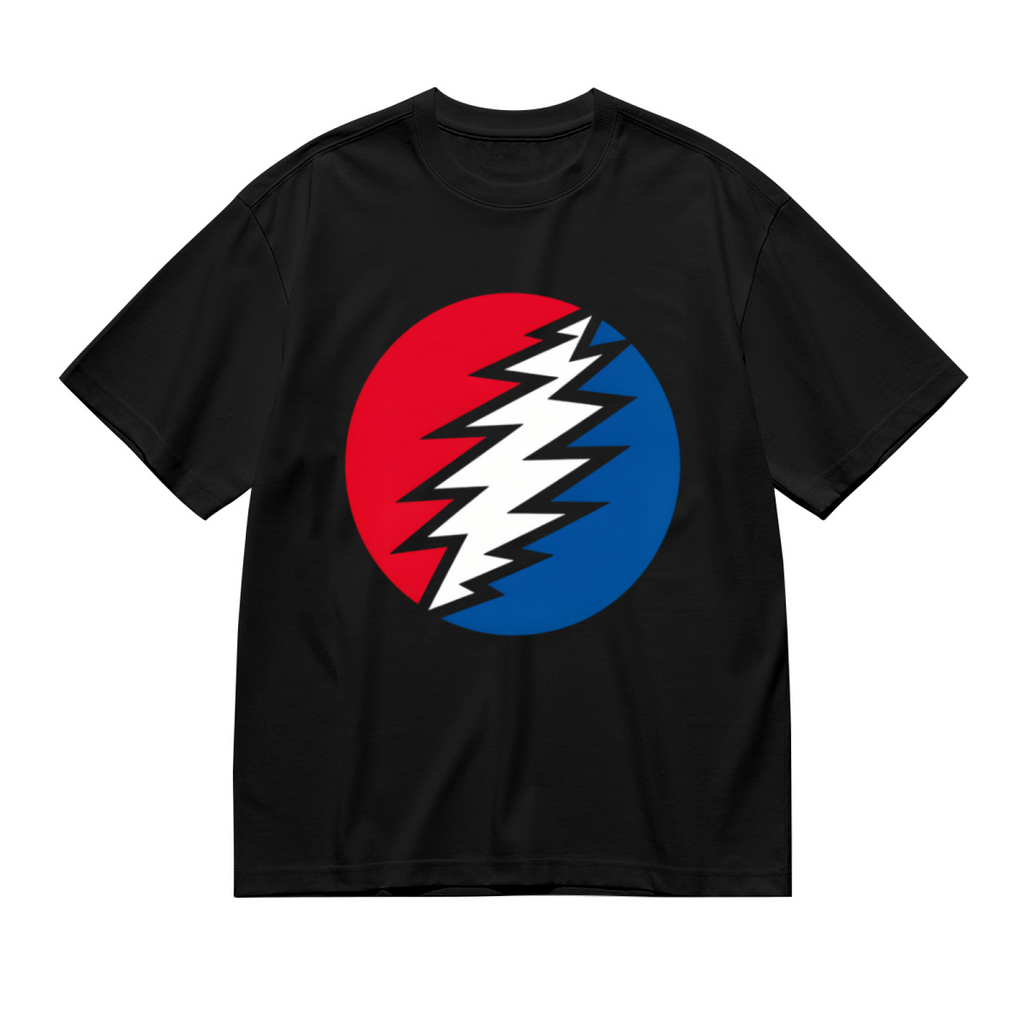 Front view of Grateful Dead lightning bolt circle graphic T-shirt on a black T-shirt