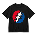 Front view of Grateful Dead lightning bolt circle graphic T-shirt on a black T-shirt