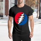 Graphic detail of Grateful Dead lightning bolt circle graphic T-shirt on a black T-shirt