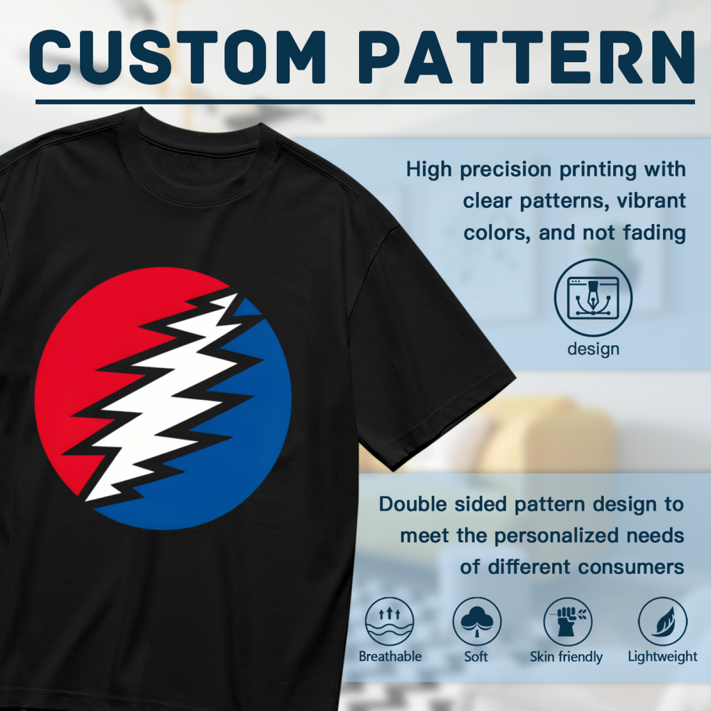 Close-up product image of Grateful Dead lightning bolt circle graphic T-shirt on a black T-shirt