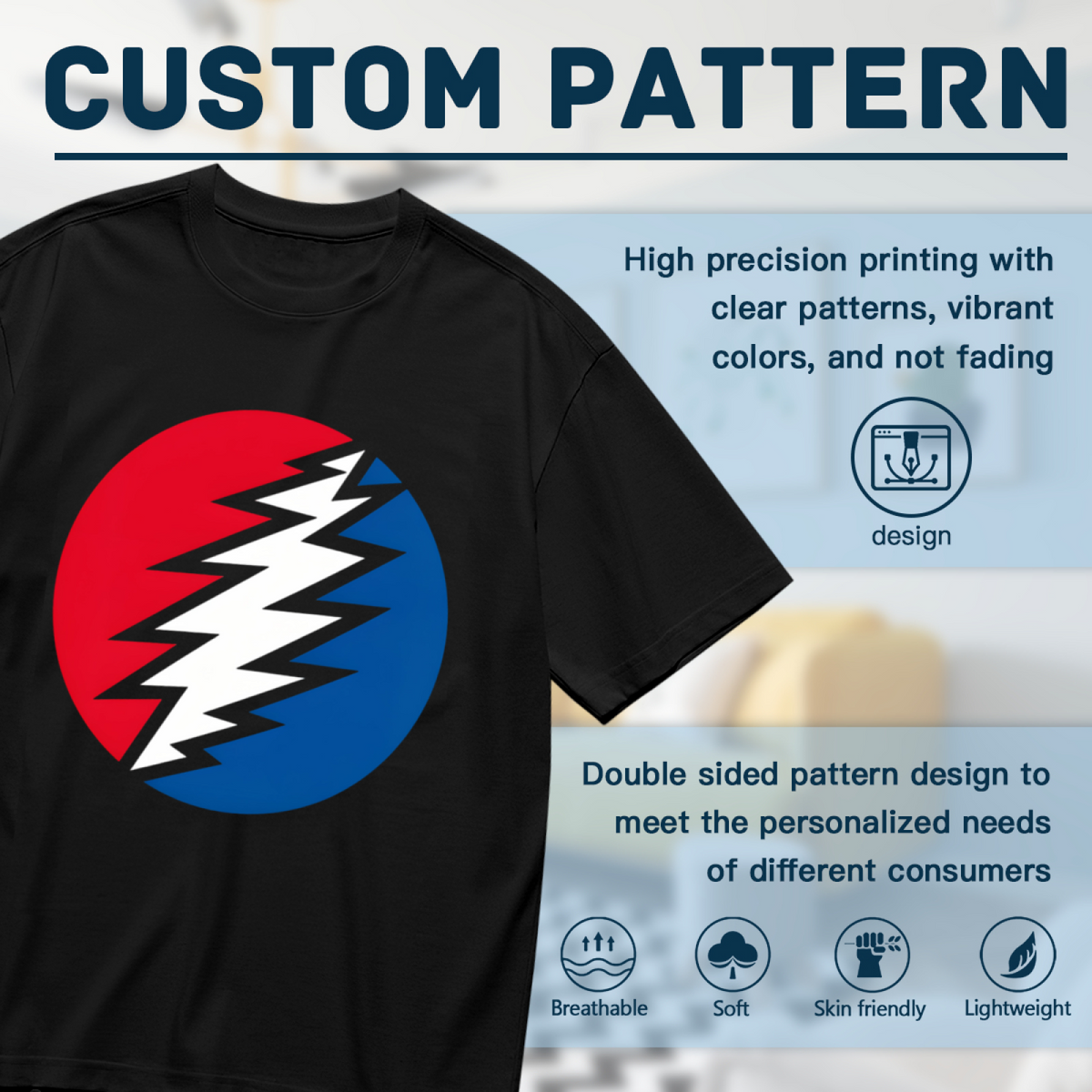 Close-up product image of Grateful Dead lightning bolt circle graphic T-shirt on a black T-shirt