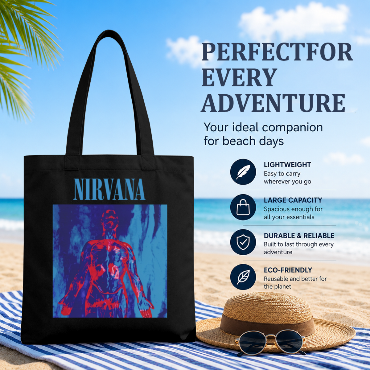 Nirvana Sliver Black Graphic Canvas Tote — a black-themed graphic referring to the Nirvana song “Sliver”