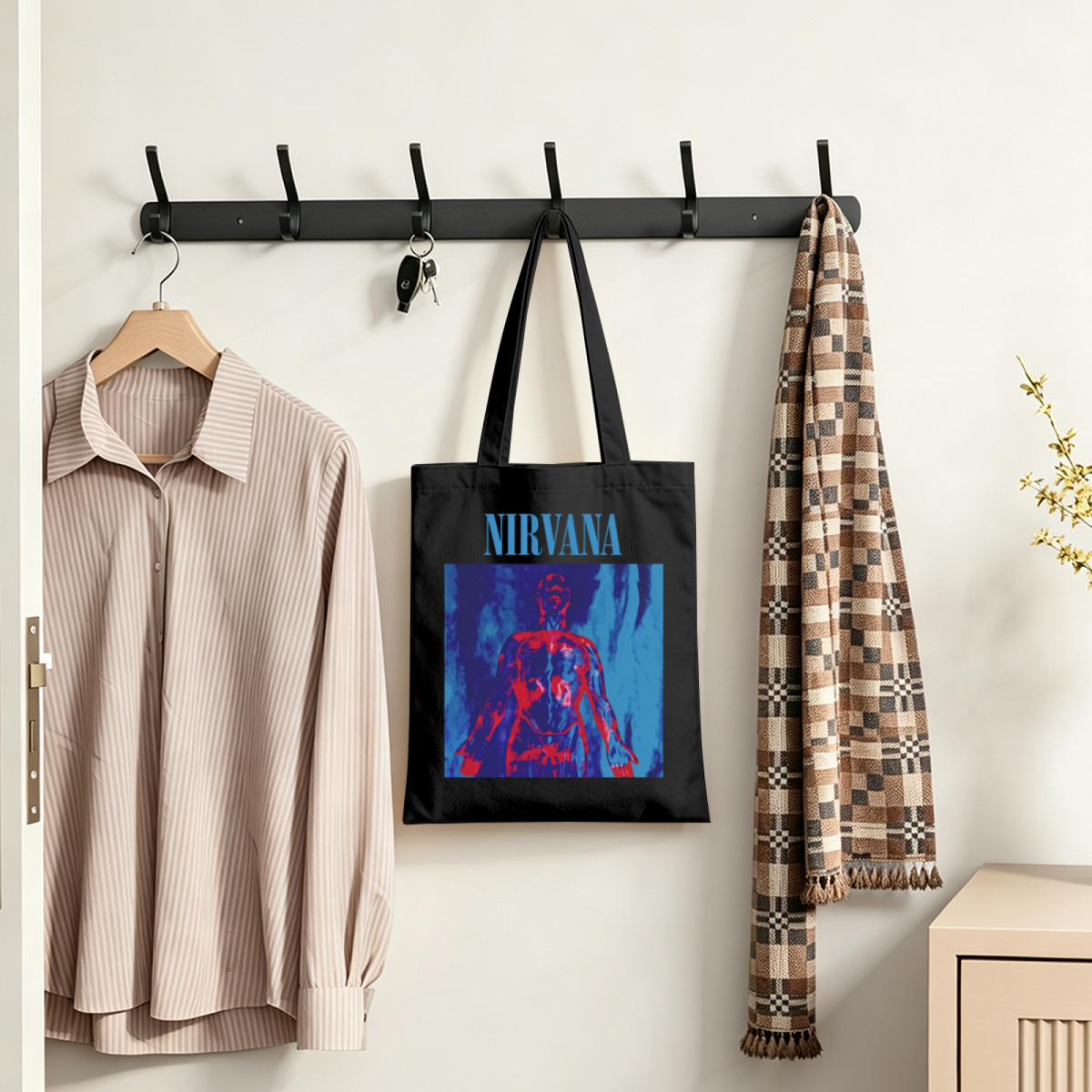 Nirvana Sliver Black Graphic Canvas Tote — a black-themed graphic referring to the Nirvana song “Sliver”