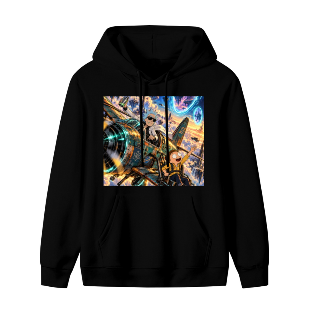 A cartoon crew aboard an aircraft flying through portals shown on the front of a men's hoodie in a standalone product shot