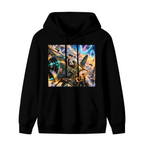A cartoon crew aboard an aircraft flying through portals shown on the front of a men's hoodie in a standalone product shot