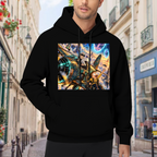 Outdoor photograph of a model in a men's hoodie bearing a cartoon crew aboard an aircraft flying through portals