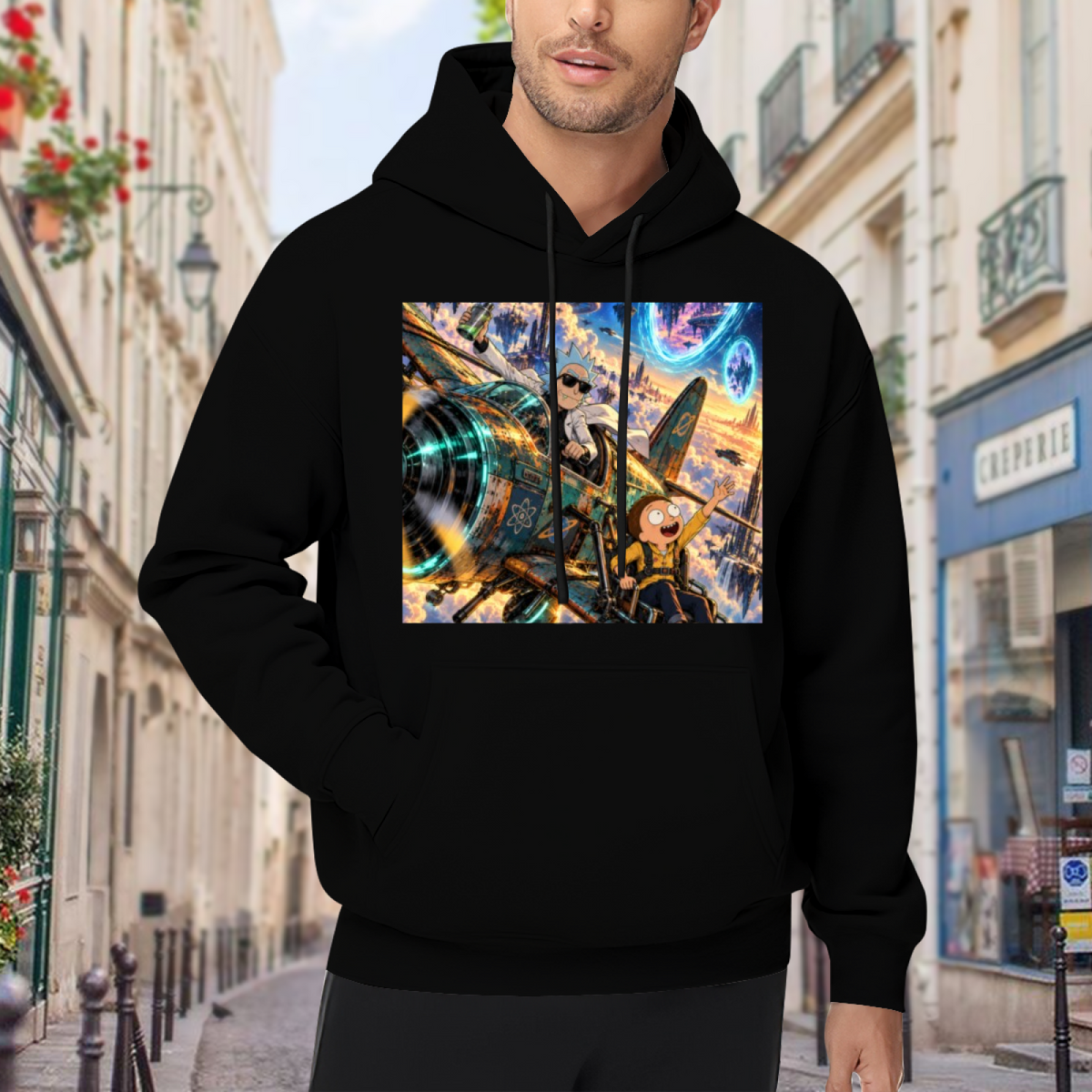 Outdoor photograph of a model in a men's hoodie bearing a cartoon crew aboard an aircraft flying through portals