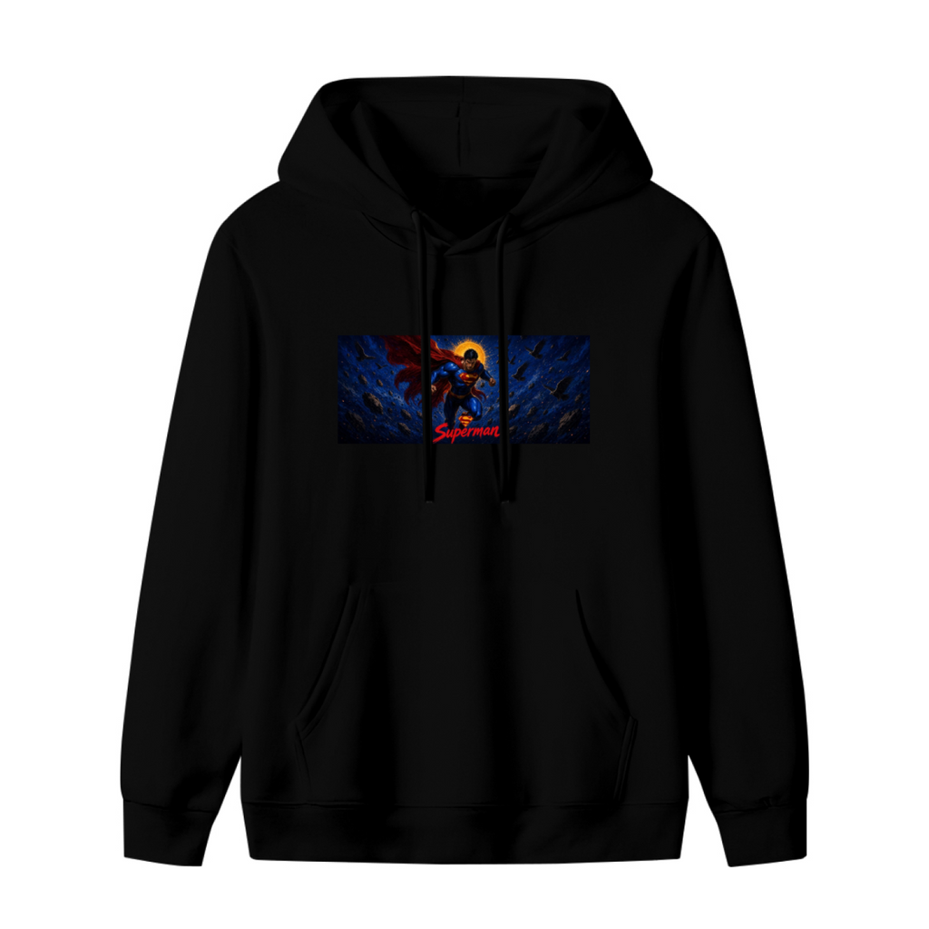 Unworn women's hoodie, front view of the design depicting a flying caped figure across a narrow deep-blue cosmic scene