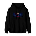 Unworn women's hoodie, front view of the design depicting a flying caped figure across a narrow deep-blue cosmic scene