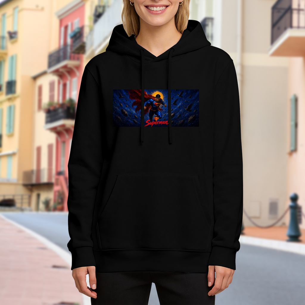 On-location model photograph displaying a flying caped figure across a narrow deep-blue cosmic scene on the front of a women's hoodie