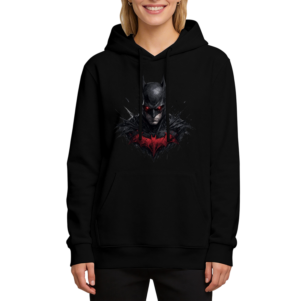 A pointed-cowl portrait above a crimson crest printed on a women's hoodie, shown in a front model photo