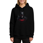 A pointed-cowl portrait above a crimson crest printed on a women's hoodie, shown in a front model photo