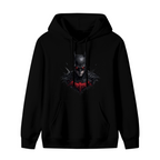Unworn women's hoodie, front view of the design depicting a pointed-cowl portrait above a crimson crest