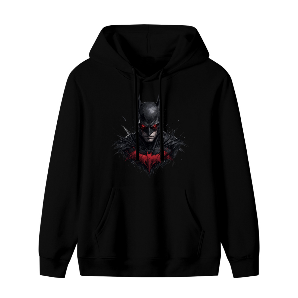 Unworn women's hoodie, front view of the design depicting a pointed-cowl portrait above a crimson crest