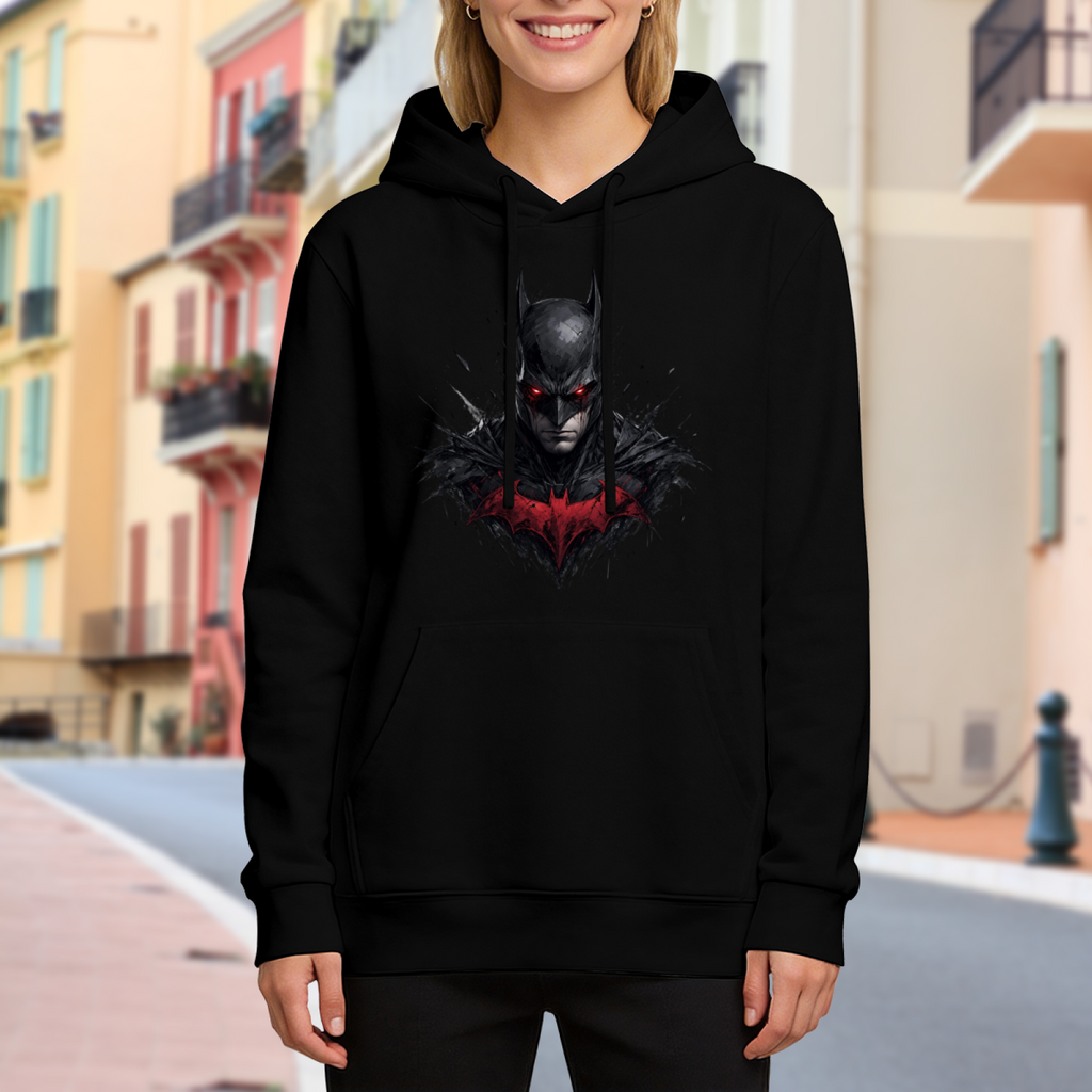 On-location model photograph displaying a pointed-cowl portrait above a crimson crest on the front of a women's hoodie