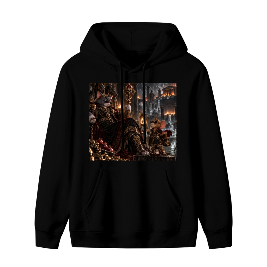 Men's hoodie photographed alone, with a feline throne scene with gathered figures and warm firelight on the front