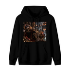 Men's hoodie photographed alone, with a feline throne scene with gathered figures and warm firelight on the front