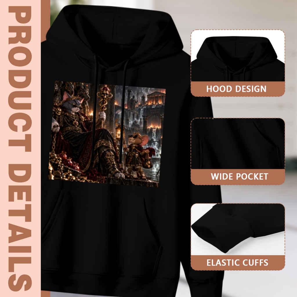 Feature collage for the men's Feline Court in Warm Light hoodie: hood shape, pouch pocket and cuff finishing