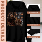 Feature collage for the men's Feline Court in Warm Light hoodie: hood shape, pouch pocket and cuff finishing