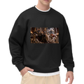 A feline ruler in an ornate palace filled with storm effects printed on a men's crewneck sweatshirt, shown in a front model photo