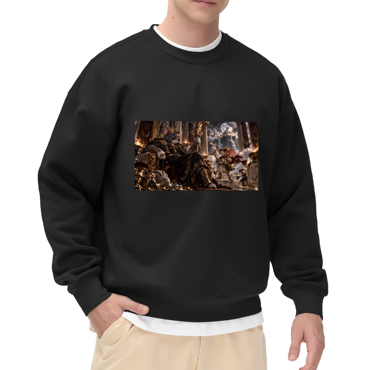 A feline ruler in an ornate palace filled with storm effects printed on a men's crewneck sweatshirt, shown in a front model photo