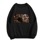 Unworn men's crewneck sweatshirt, front view of the design depicting a feline ruler in an ornate palace filled with storm effects
