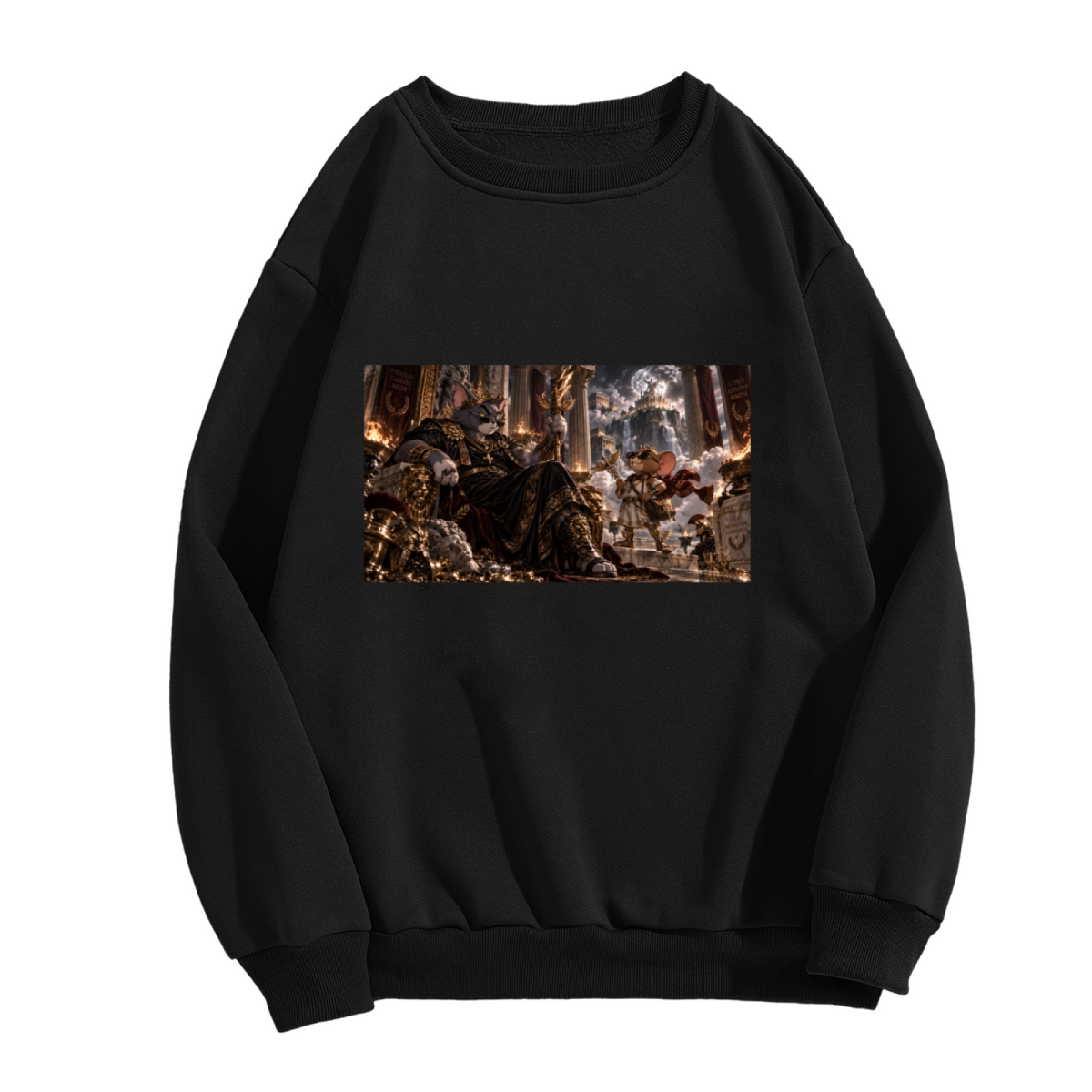 Unworn men's crewneck sweatshirt, front view of the design depicting a feline ruler in an ornate palace filled with storm effects