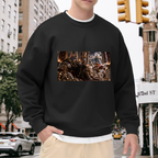 On-location model photograph displaying a feline ruler in an ornate palace filled with storm effects on the front of a men's crewneck sweatshirt