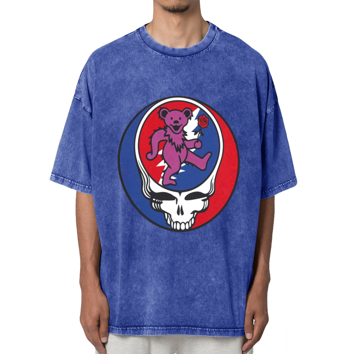 Grateful Dead Purple Bear with Rose Baseball Washed Graphic T-Shirt