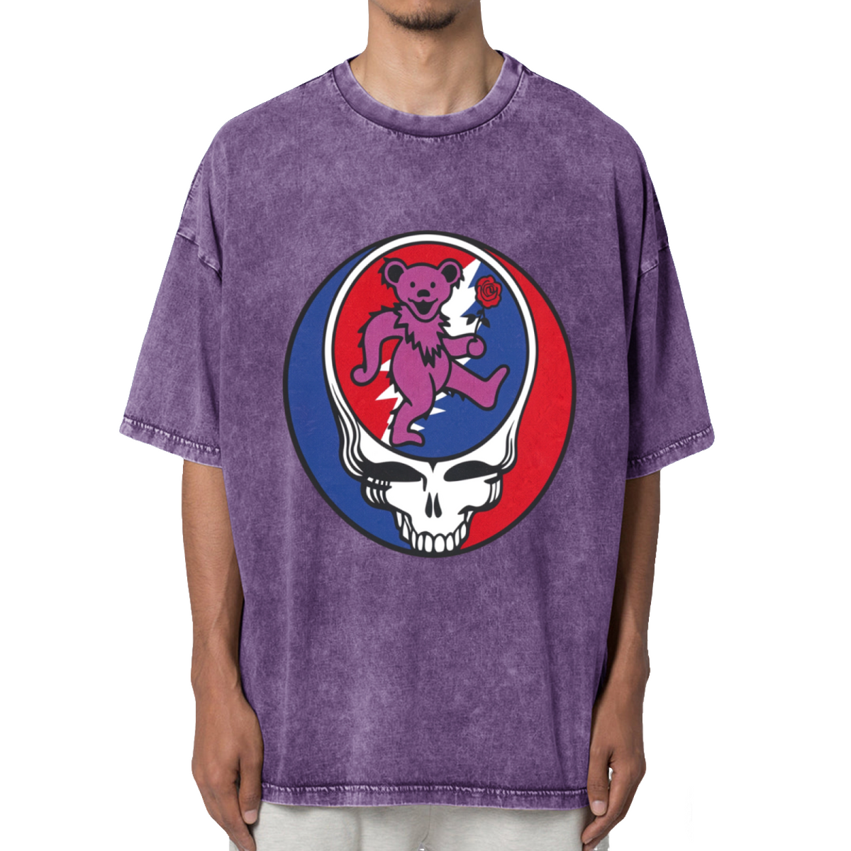 Grateful Dead Purple Bear with Rose Baseball Washed Graphic T-Shirt