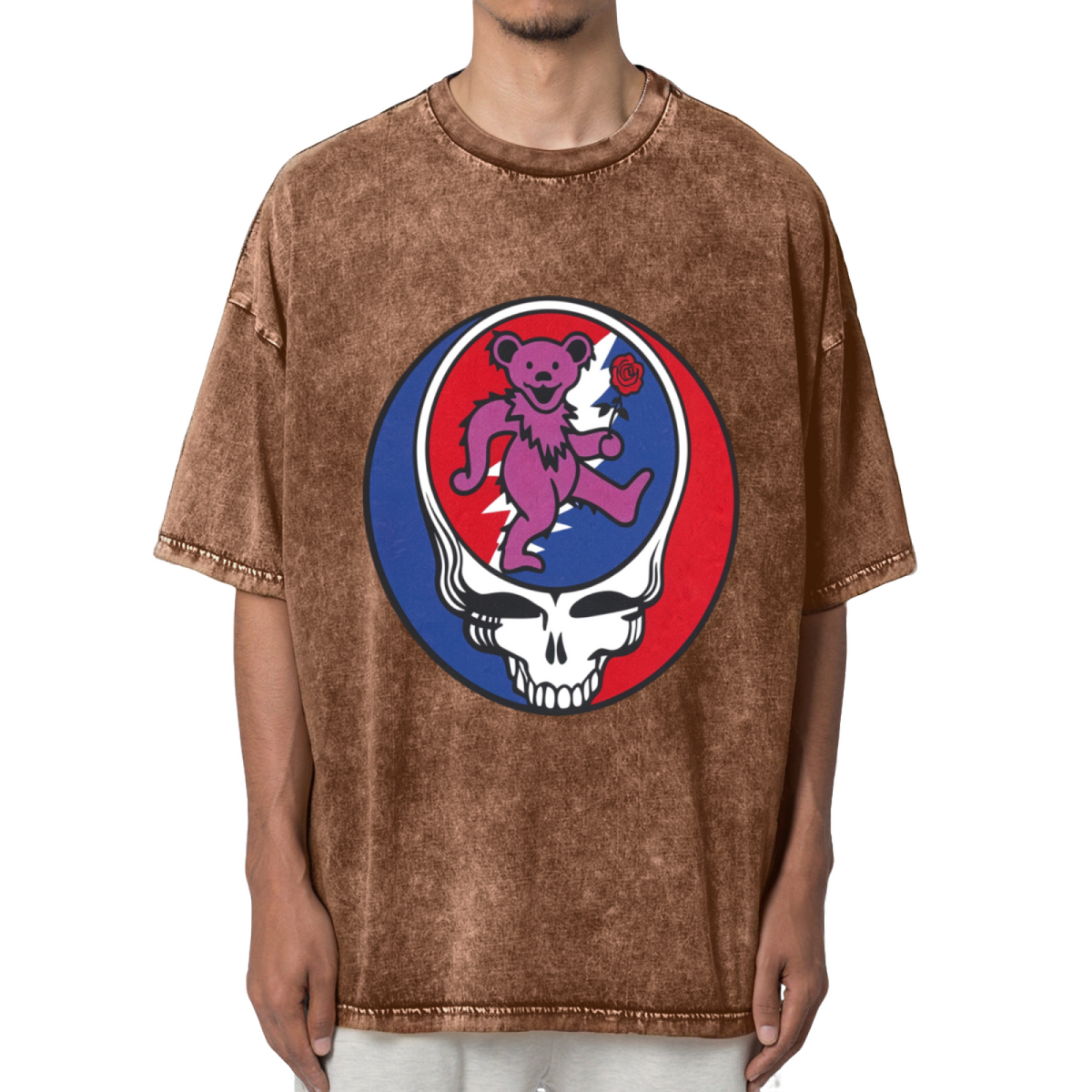 Grateful Dead Purple Bear with Rose Baseball Washed Graphic T-Shirt