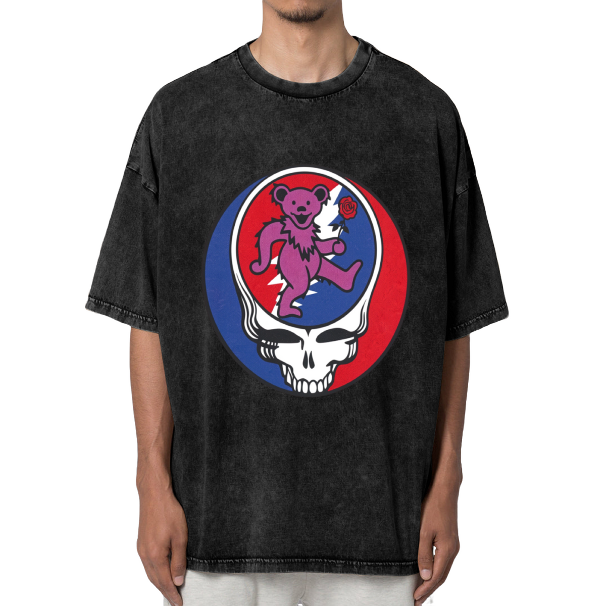 Front view of Grateful Dead Purple Bear with Rose Baseball washed graphic T-shirt