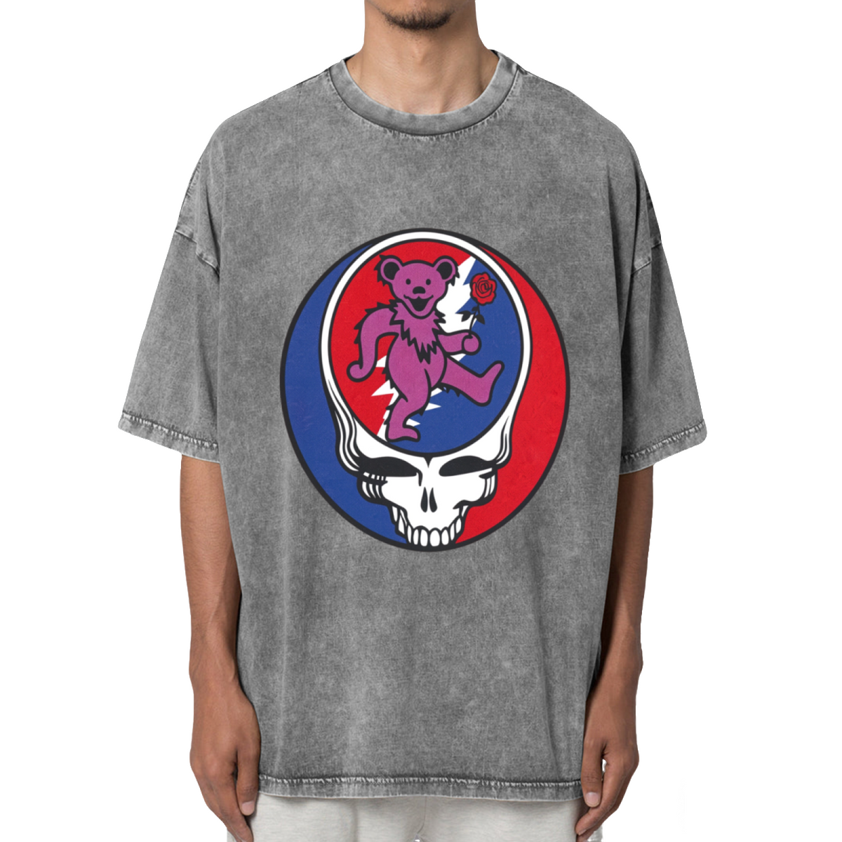 Grateful Dead Purple Bear with Rose Baseball Washed Graphic T-Shirt