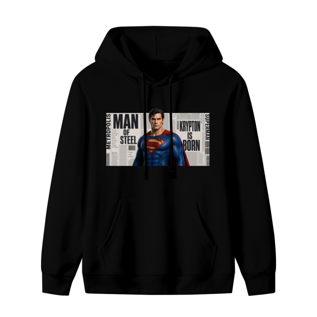 A classic caped figure posed against a rectangular newspaper-style collage shown on the front of a men's hoodie in a standalone product shot