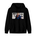 A classic caped figure posed against a rectangular newspaper-style collage shown on the front of a men's hoodie in a standalone product shot