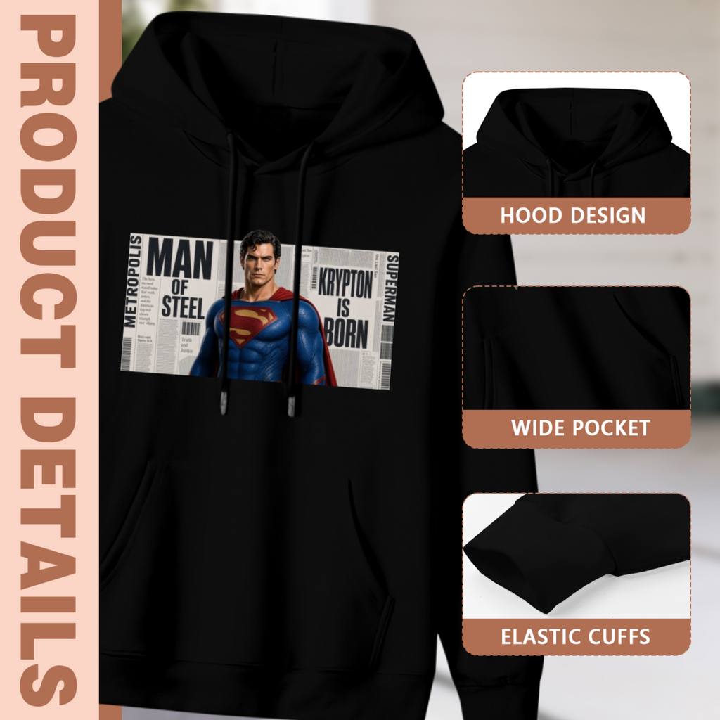 Hood, pouch pocket and sleeve-cuff detail images accompanying the men's Caped Figure Newspaper Block hoodie