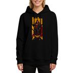 Front-facing model wearing a women's hoodie decorated with a caped figure in a street-style stance within a tall poster composition