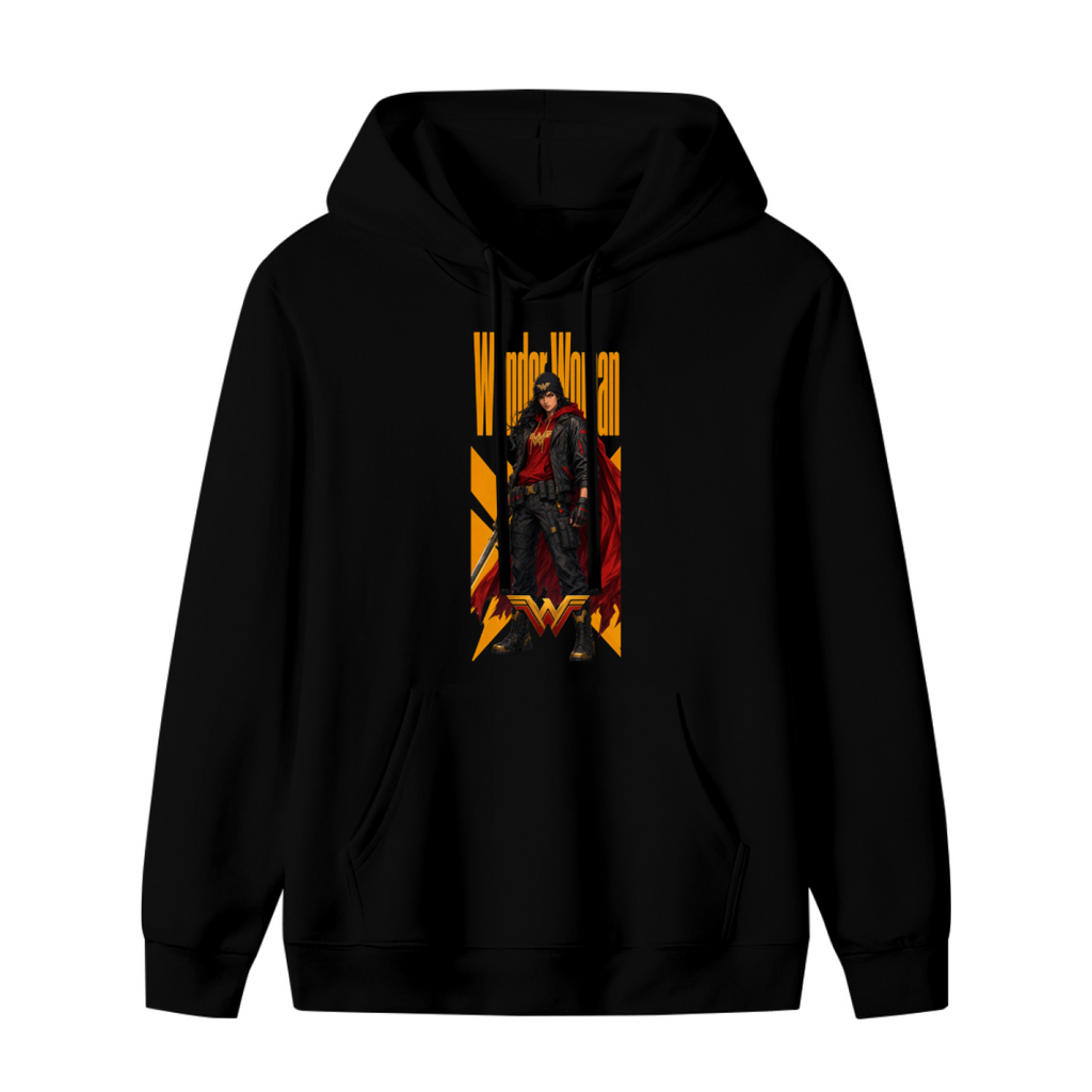 A caped figure in a street-style stance within a tall poster composition shown on the front of a women's hoodie in a standalone product shot